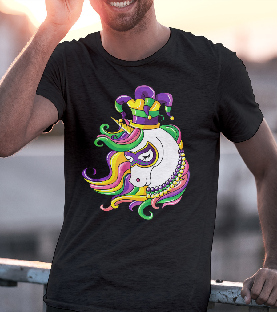 Jester Hat Rainbow Unicorn Mardi Gras Beads T-Shirt