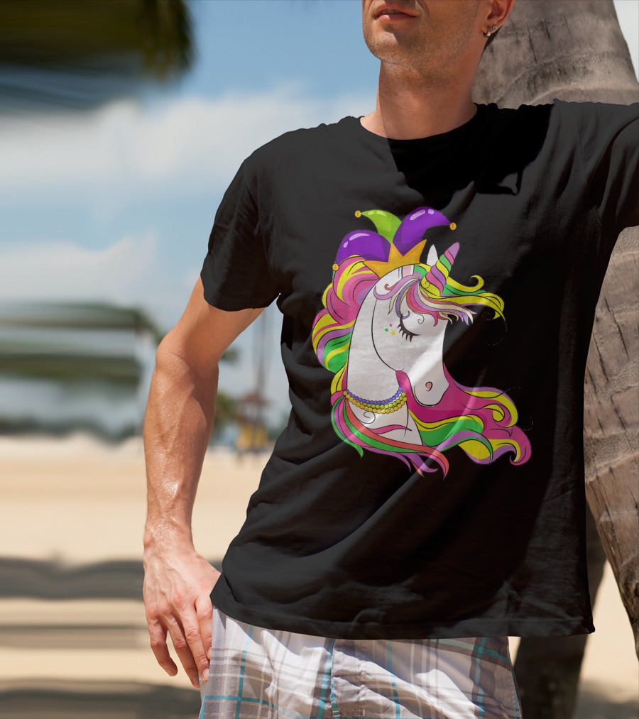 Jester Rainbow Unicorn Mardi Gras Costume With Colorful Mane And Hat T-Shirt