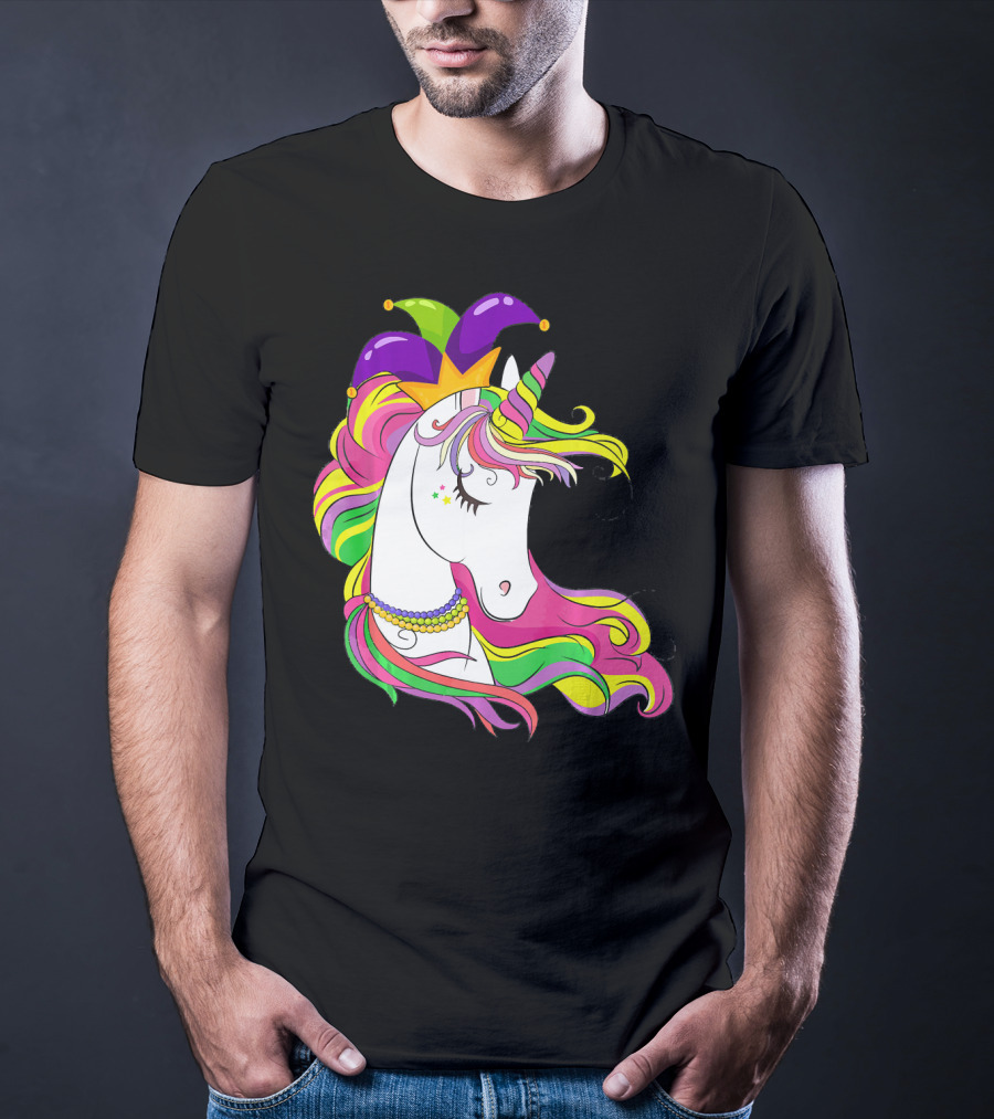 Jester Rainbow Unicorn Mardi Gras Costume With Colorful Mane And Hat T-Shirt