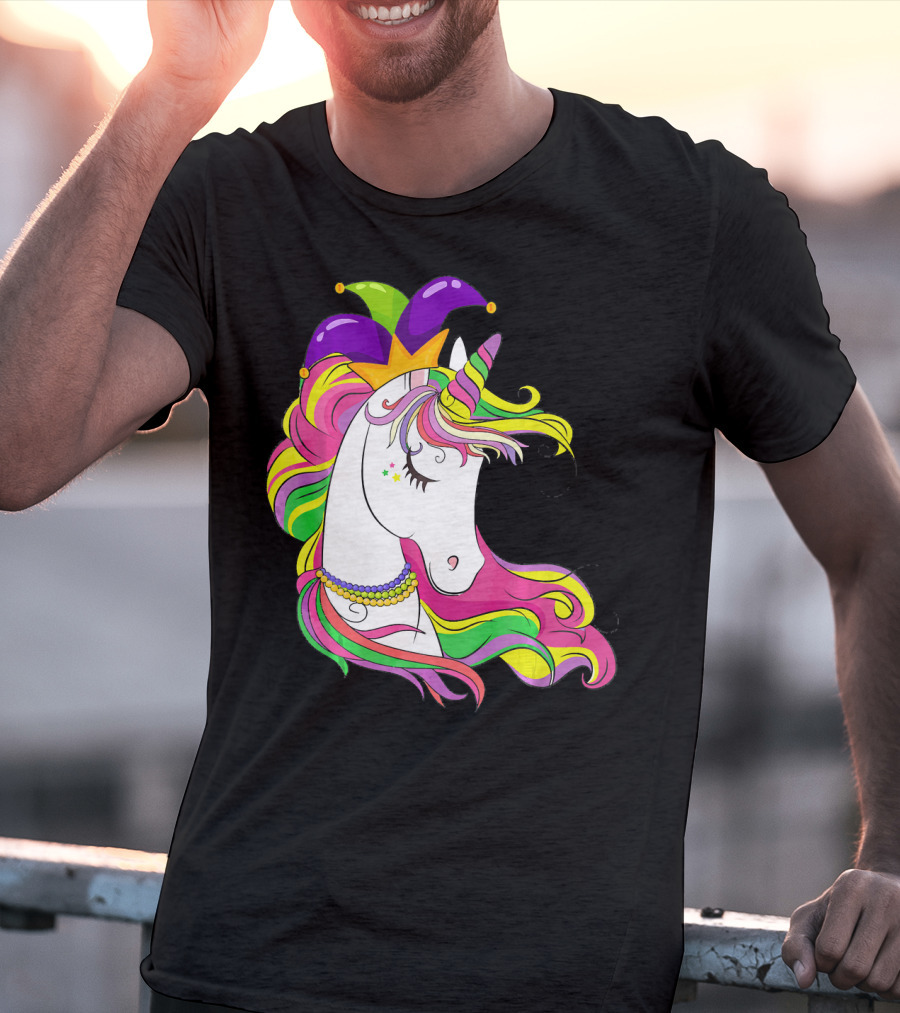 Jester Rainbow Unicorn Mardi Gras Costume With Colorful Mane And Hat T-Shirt