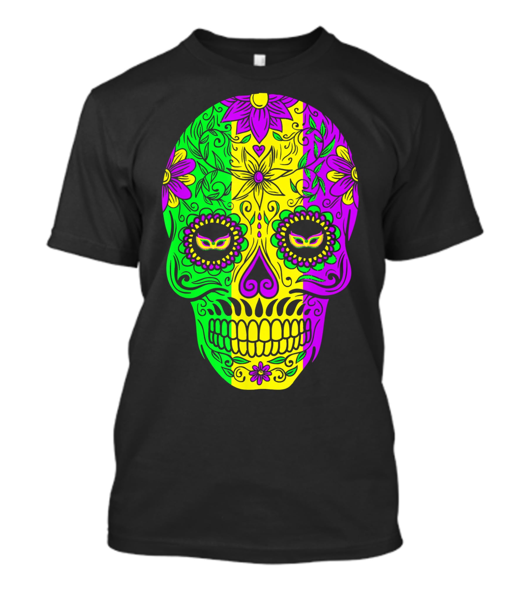 Mardi Gras Sugar Skull With Jester Hat Design And Colorful Floral T-Shirt