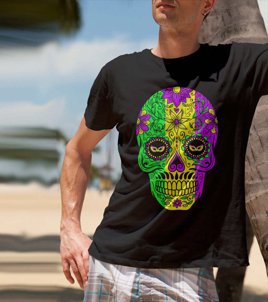 Mardi Gras Sugar Skull With Jester Hat Design And Colorful Floral T-Shirt