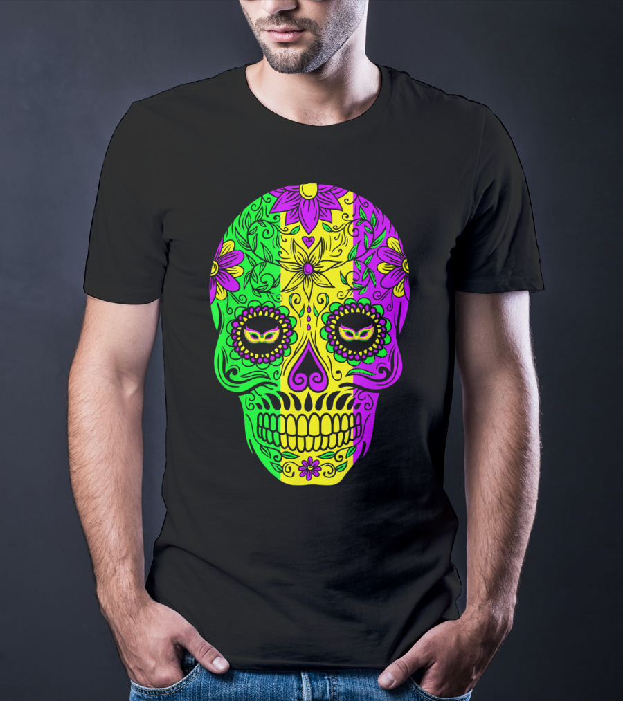 Mardi Gras Sugar Skull With Jester Hat Design And Colorful Floral T-Shirt