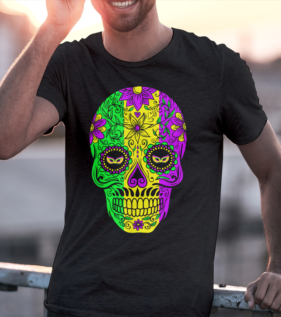Mardi Gras Sugar Skull With Jester Hat Design And Colorful Floral T-Shirt