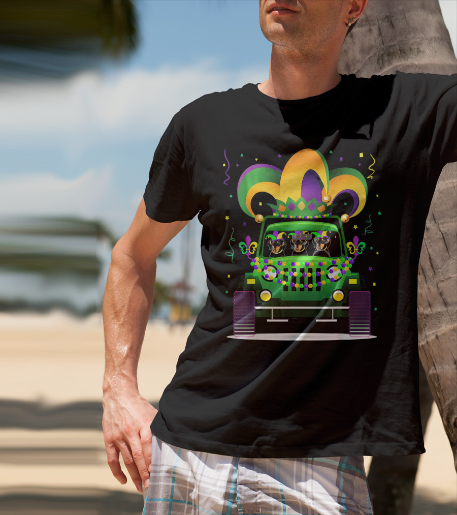 Dachshund Riding Jeep Mardi Gras Beads Jester Hat T-Shirt