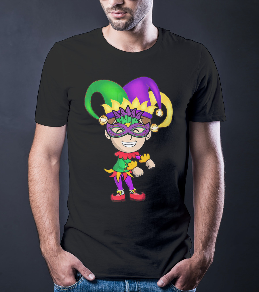 Mardi Gras Jester Kid Flossing Dance Colorful Mask And Costume T-Shirt