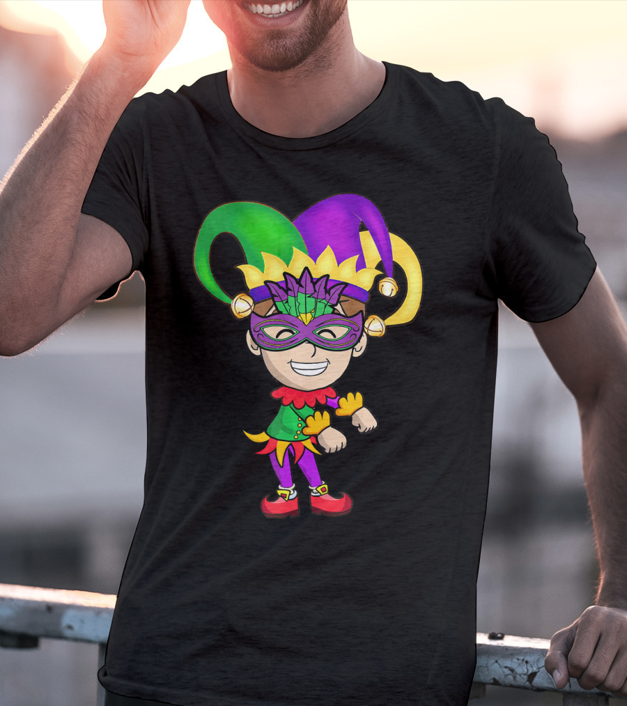 Mardi Gras Jester Kid Flossing Dance Colorful Mask And Costume T-Shirt