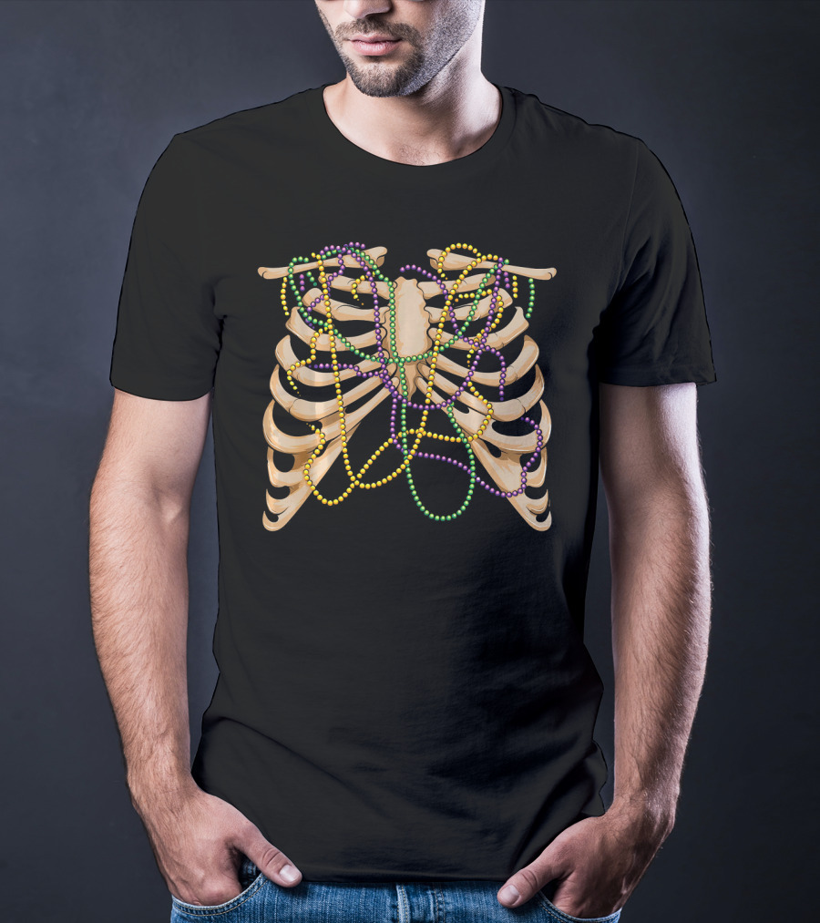 Mardi Gras Rib Cage Bone Skeleton Beads T-Shirt