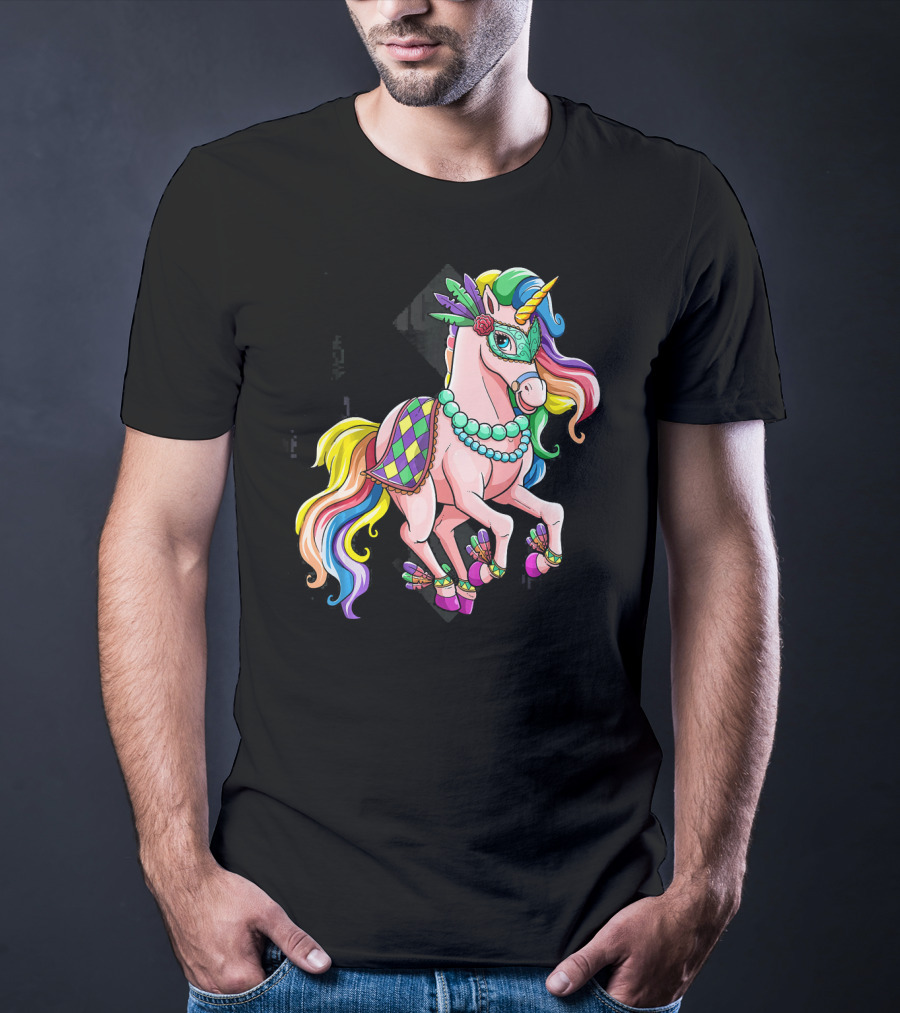 Mardi Gras Unicorn New Orleans Beads Mask Colorful Harlequin T-Shirt