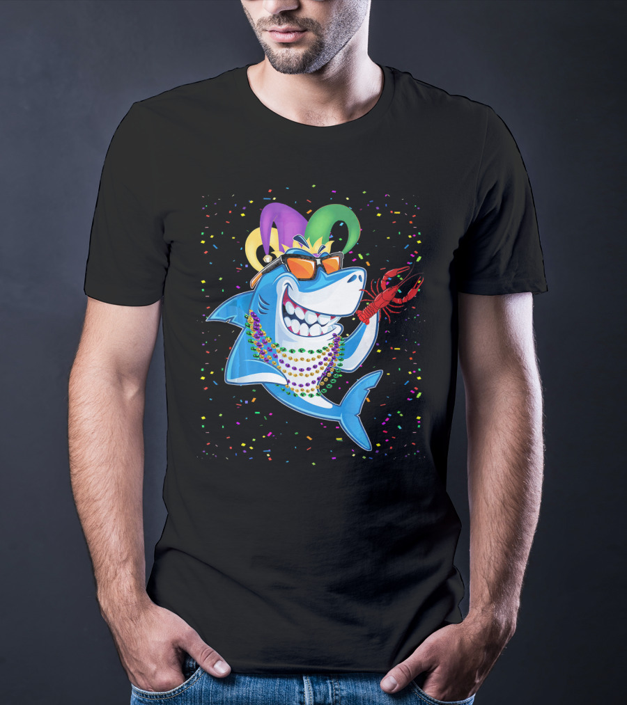 Funny Shark Mardi Gras Jester Beads Crawfish T-Shirt