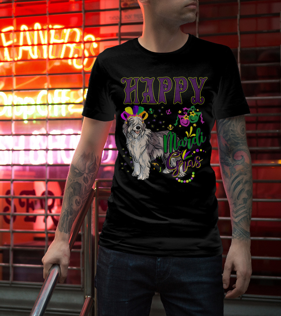 HAPPY Mardi Gras Olde English Sheepdog Mask Beads T-Shirt