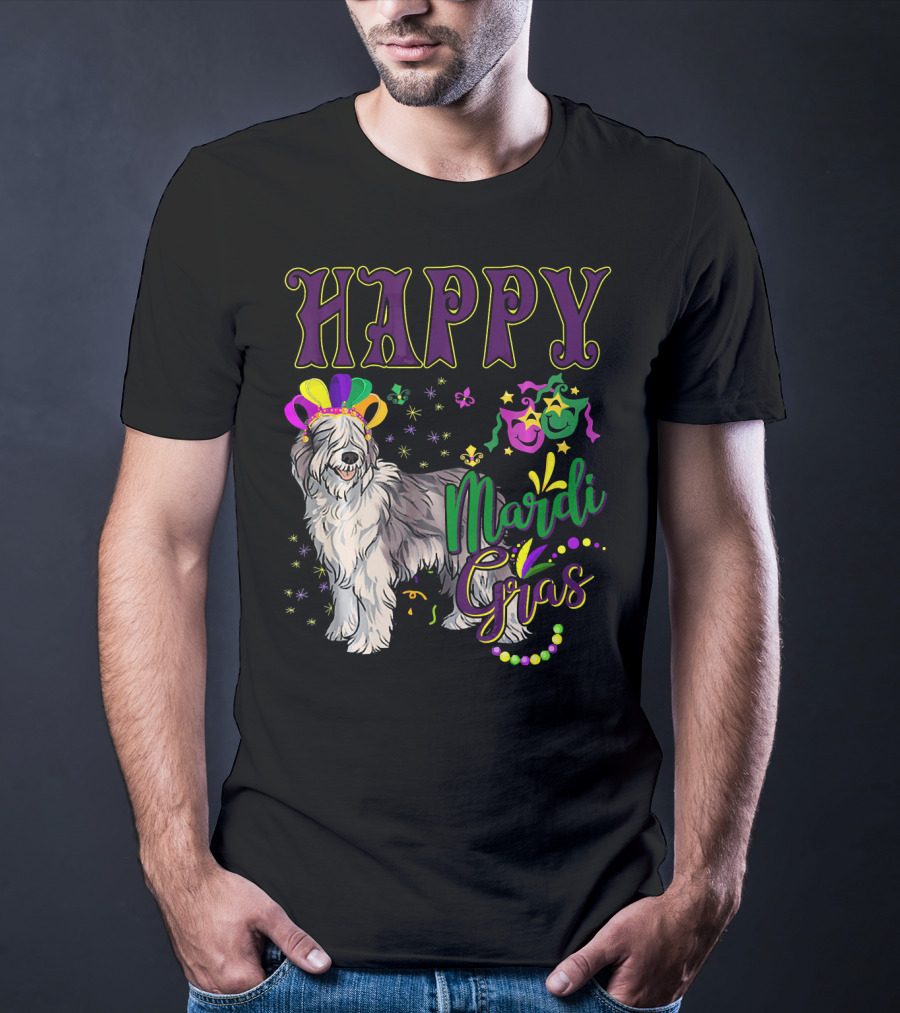 HAPPY Mardi Gras Olde English Sheepdog Mask Beads T-Shirt