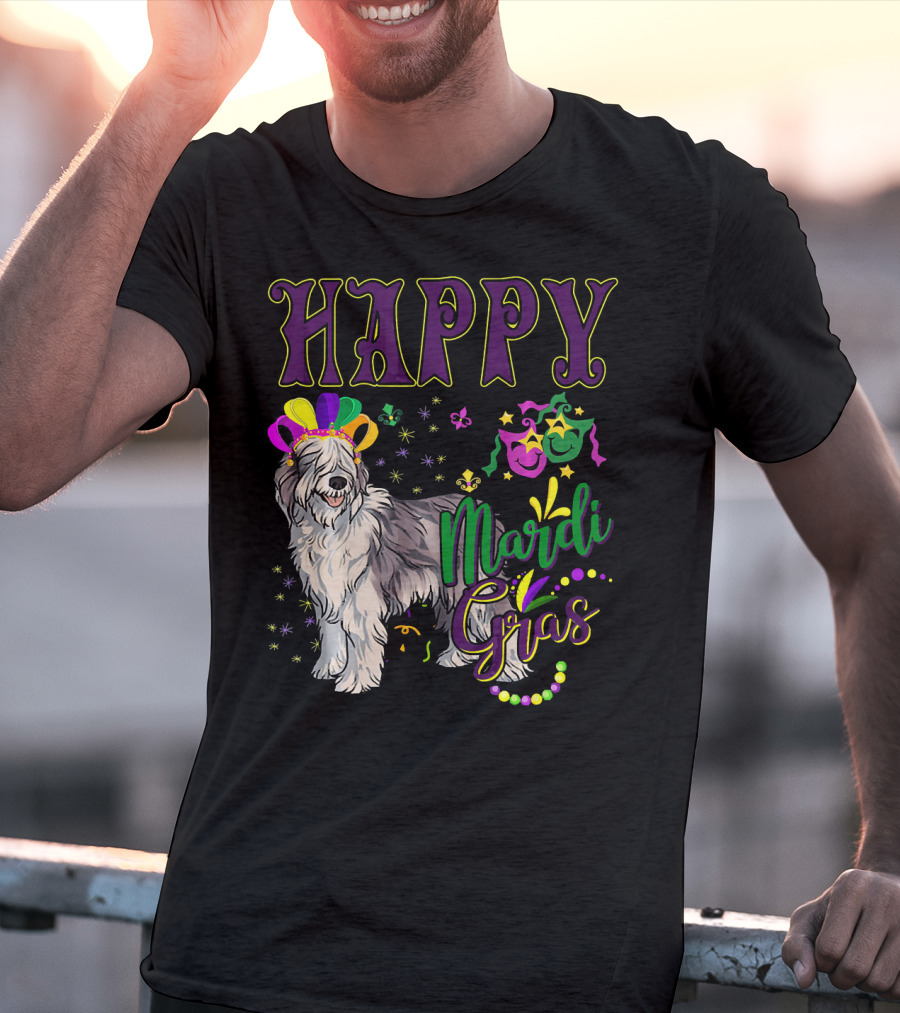 HAPPY Mardi Gras Olde English Sheepdog Mask Beads T-Shirt