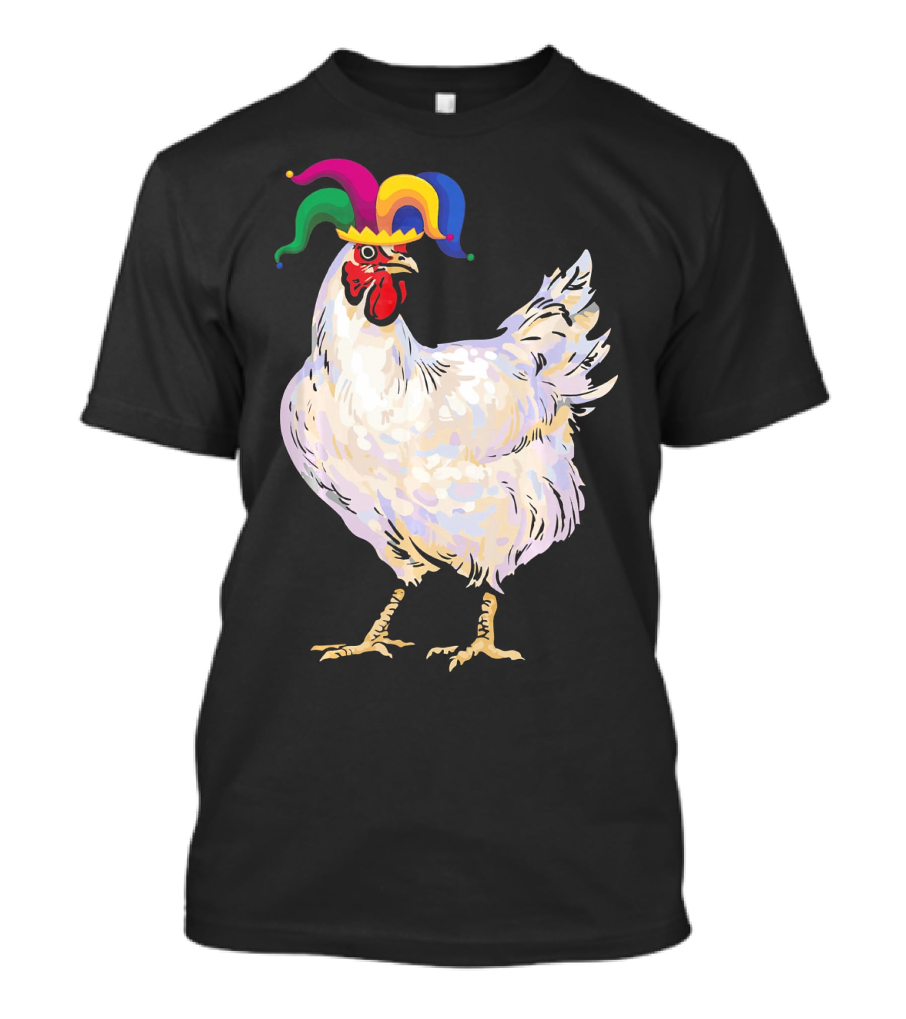 Funny Mardi Gras Chicken Wearing Colorful Jester Hat T-Shirt