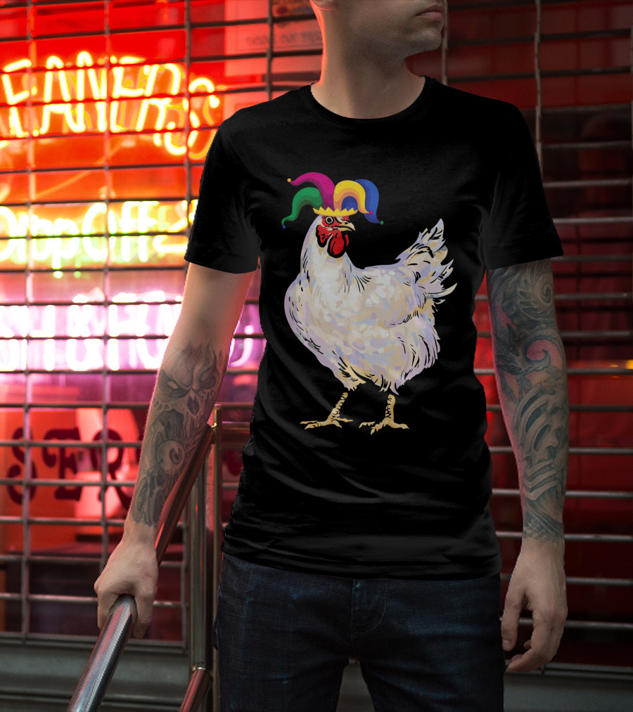Funny Mardi Gras Chicken Wearing Colorful Jester Hat T-Shirt
