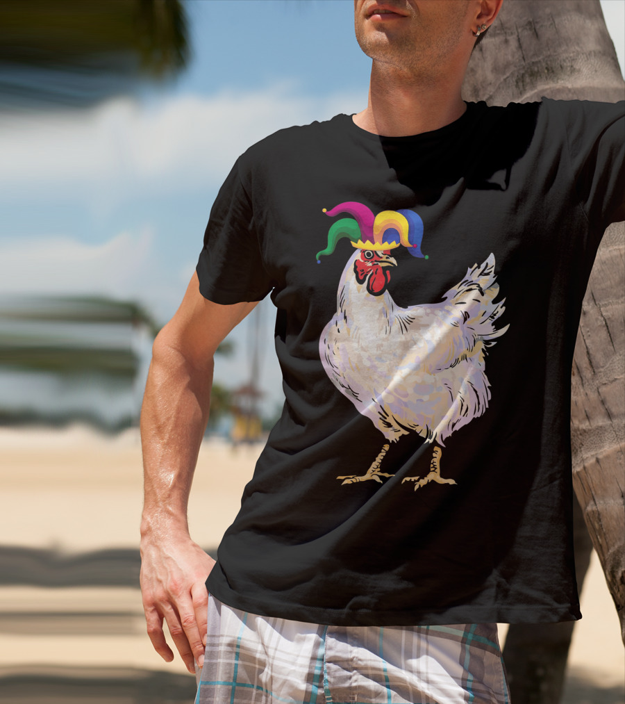 Funny Mardi Gras Chicken Wearing Colorful Jester Hat T-Shirt