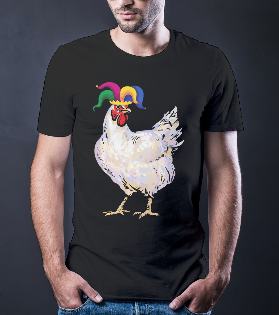 Funny Mardi Gras Chicken Wearing Colorful Jester Hat T-Shirt