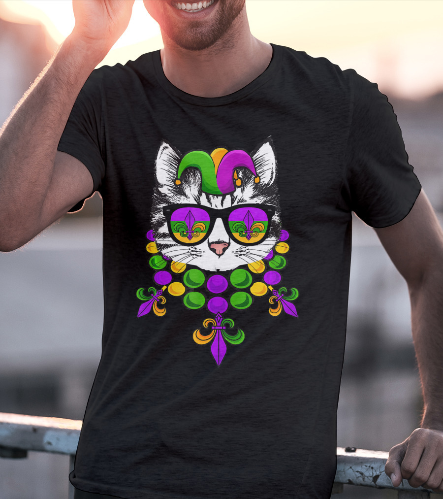 Mardi Gras Cat Meow Kitten New Orleans Jester Hat Fleur-de-Lis Beads T-Shirt