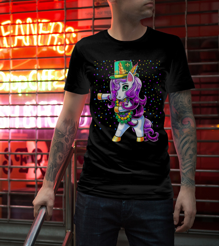 Mardi Gras Unicorn Flossing With Jester Hat And Beads T-Shirt