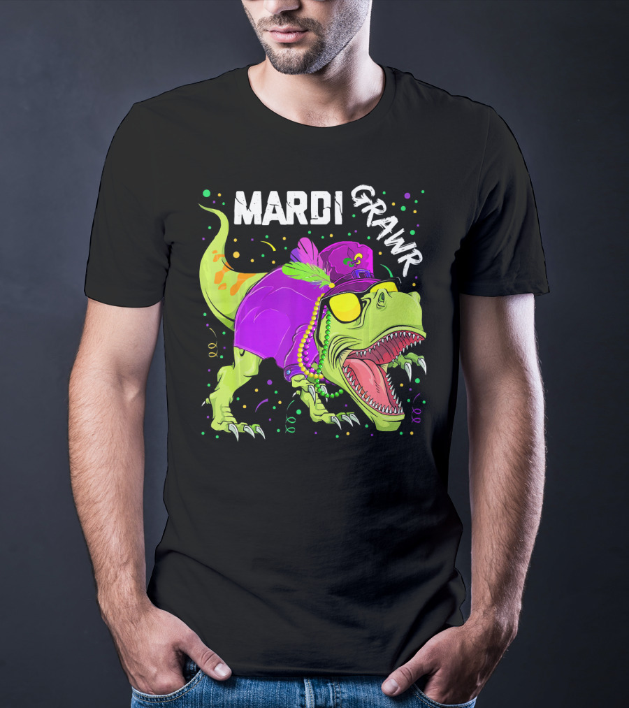 Mardi Grawr Dinosaur Mardi Gras Beads Cosplay Party T-Shirt
