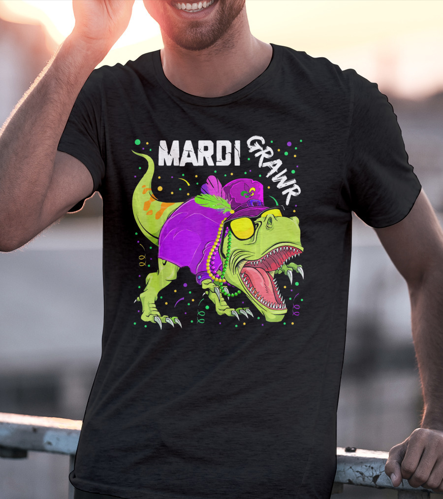 Mardi Grawr Dinosaur Mardi Gras Beads Cosplay Party T-Shirt