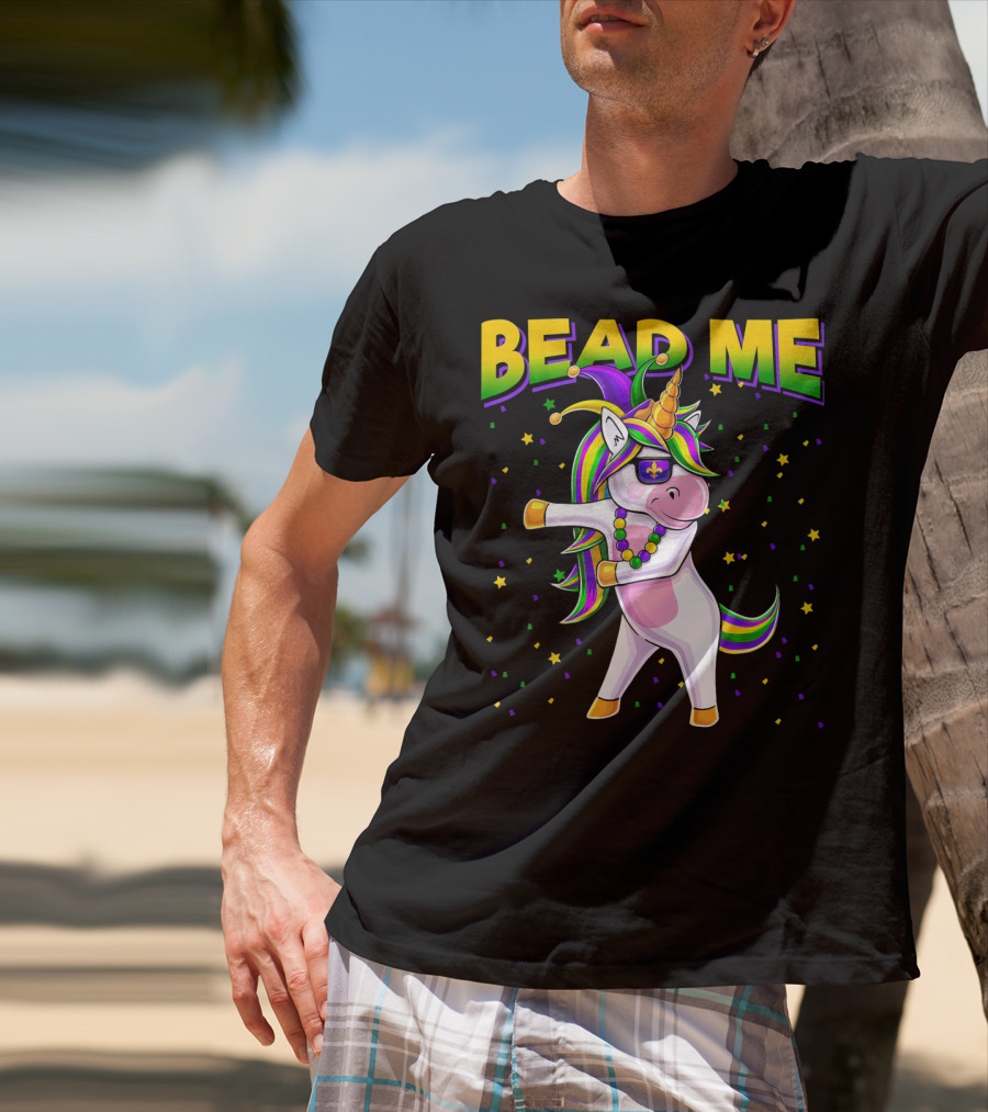 Bead Me Mardi Gras Flossing Unicorn Jest Fleur-de-lis Stars T-Shirt