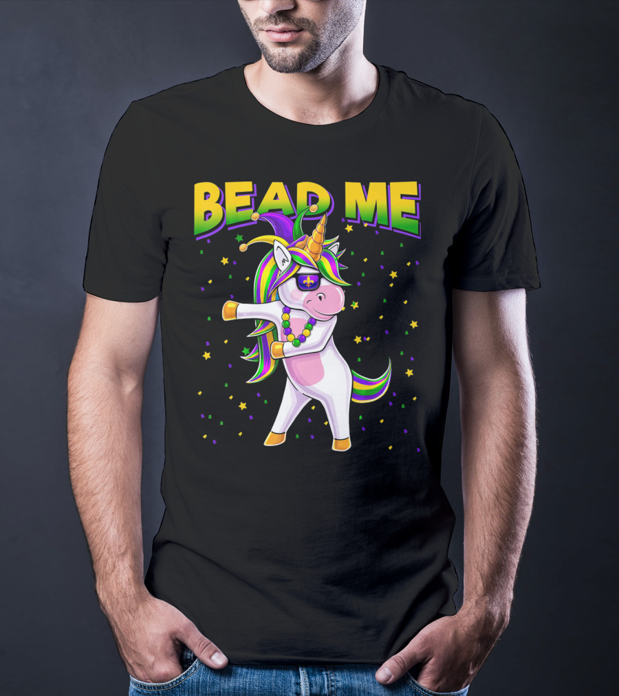Bead Me Mardi Gras Flossing Unicorn Jest Fleur-de-lis Stars T-Shirt