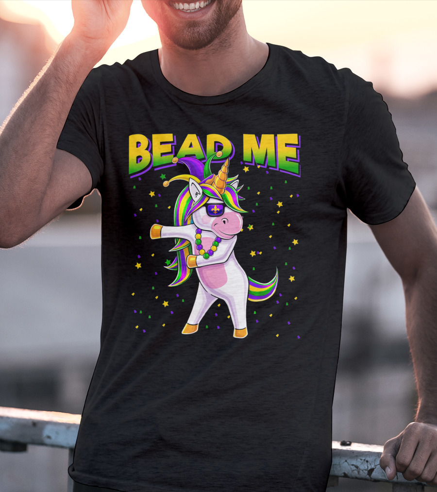 Bead Me Mardi Gras Flossing Unicorn Jest Fleur-de-lis Stars T-Shirt