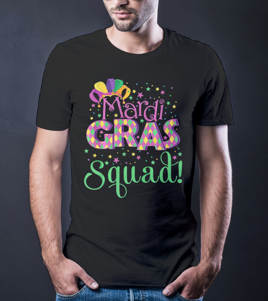 Mardi Gras Squad Funny Carnival Colorful Jester Hat And Stars T-Shirt