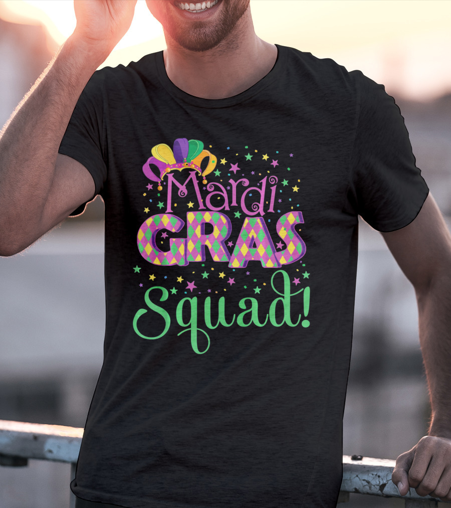 Mardi Gras Squad Funny Carnival Colorful Jester Hat And Stars T-Shirt