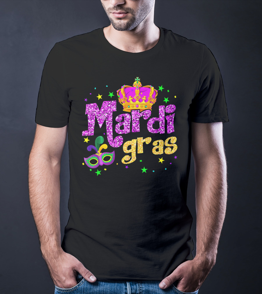 Mardi Gras Crown Glitter Mask Stars T-Shirt