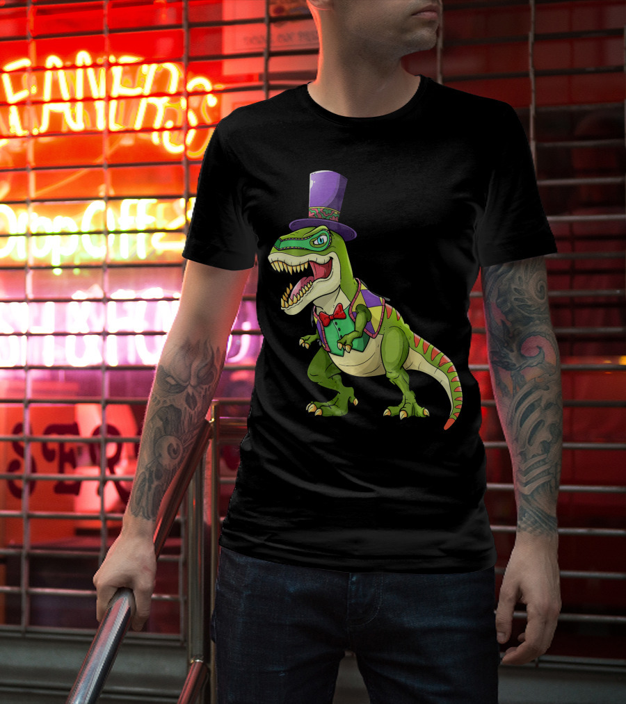 Mardi Gras Dinosaur Wearing Top Hat And Bow Tie T-Shirt