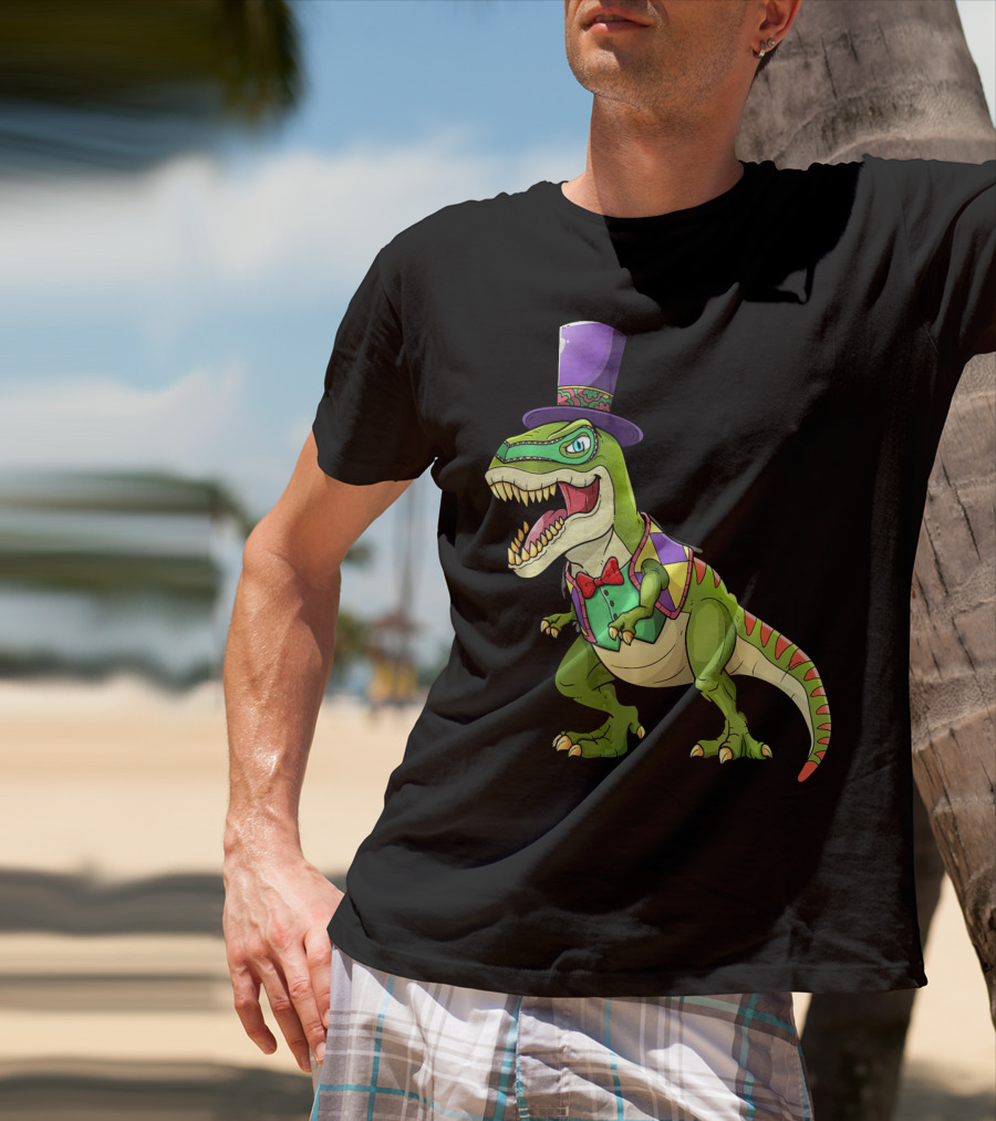 Mardi Gras Dinosaur Wearing Top Hat And Bow Tie T-Shirt