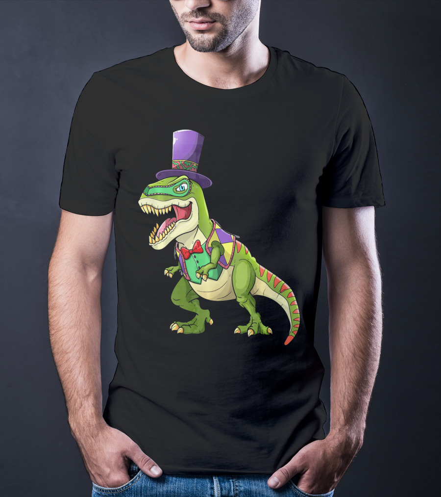 Mardi Gras Dinosaur Wearing Top Hat And Bow Tie T-Shirt