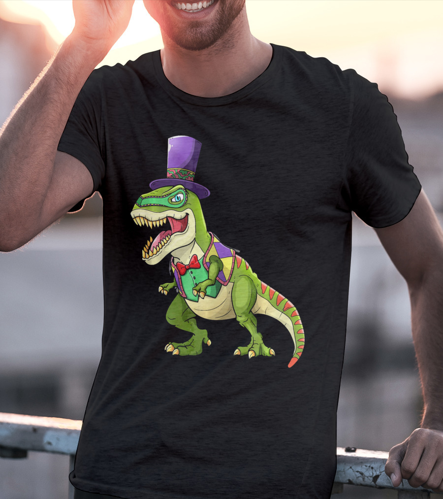 Mardi Gras Dinosaur Wearing Top Hat And Bow Tie T-Shirt