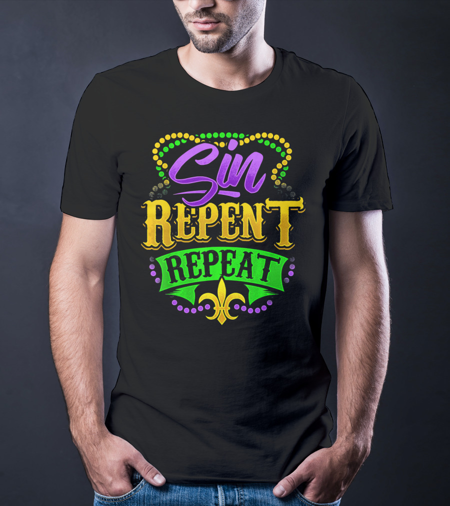 Mardi Gras Sin Repent Repeat Fleur De Lis Beads T-Shirt