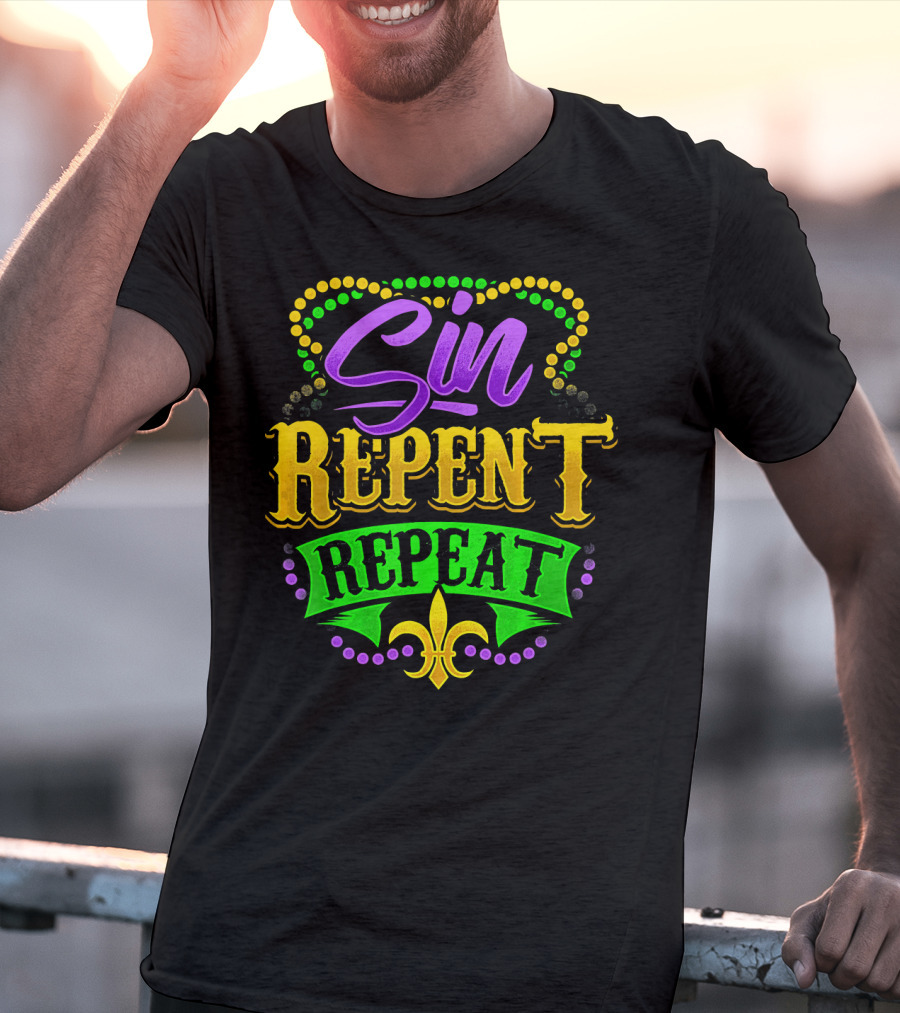 Mardi Gras Sin Repent Repeat Fleur De Lis Beads T-Shirt