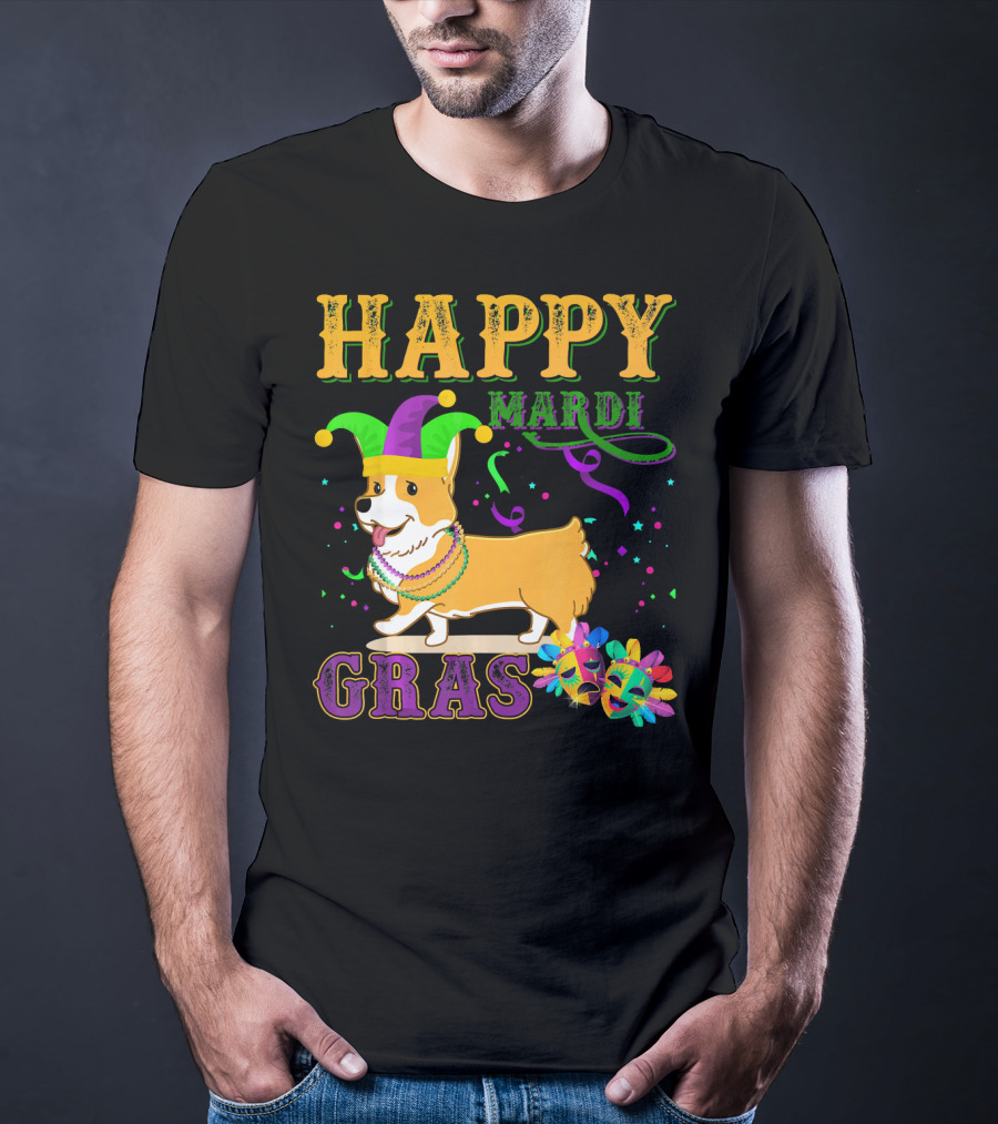 Happy Mardi Gras Welsh Corgi Costume Party T-Shirt