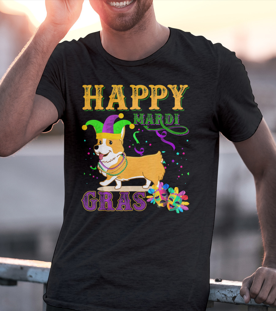 Happy Mardi Gras Welsh Corgi Costume Party T-Shirt