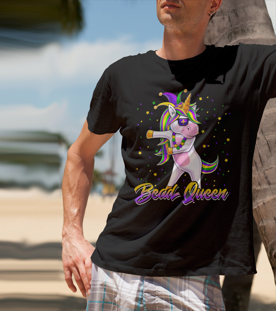 Bead Queen Mardi Gras Unicorn With Floss Dance And Jester Hat T-Shirt