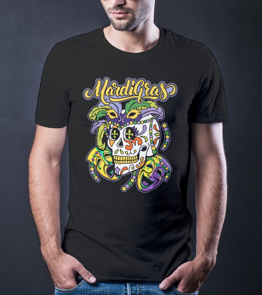 Mardi Gras Sugar Skull With Beads And Mask T-Shirt
