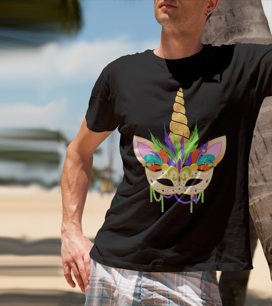 Unicorn Mask With Feathers And Beads Mardi Gras T-Shirt