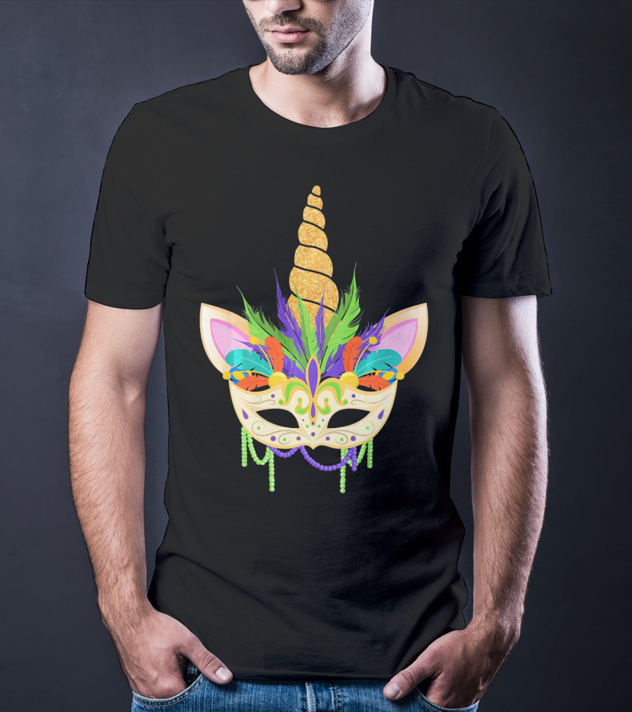 Unicorn Mask With Feathers And Beads Mardi Gras T-Shirt