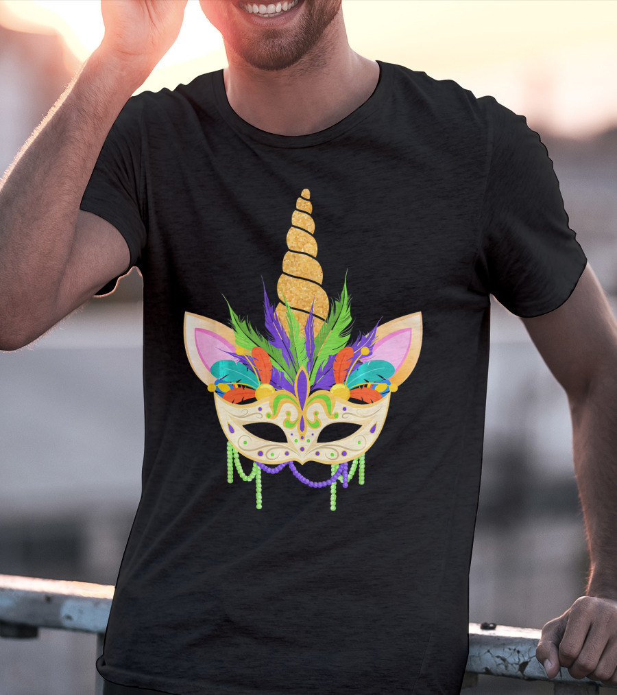 Unicorn Mask With Feathers And Beads Mardi Gras T-Shirt