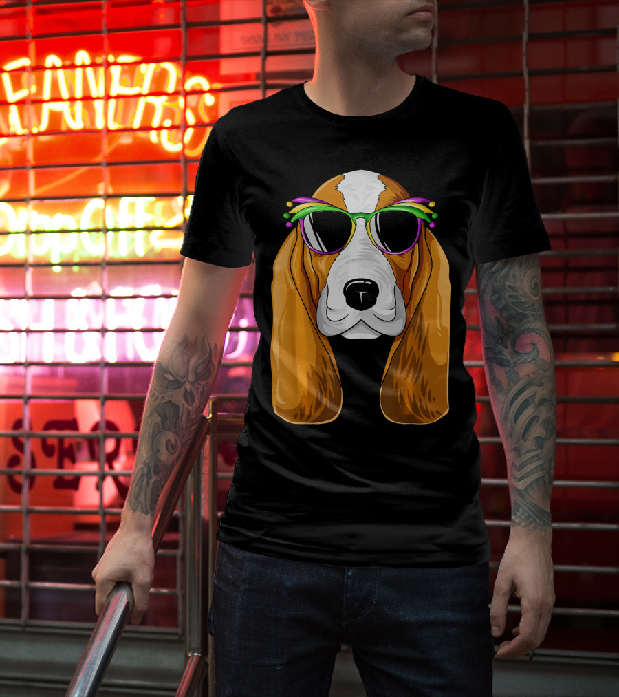 Basset Hound With Mardi Gras Carnival Mask And Sunglasses T-Shirt