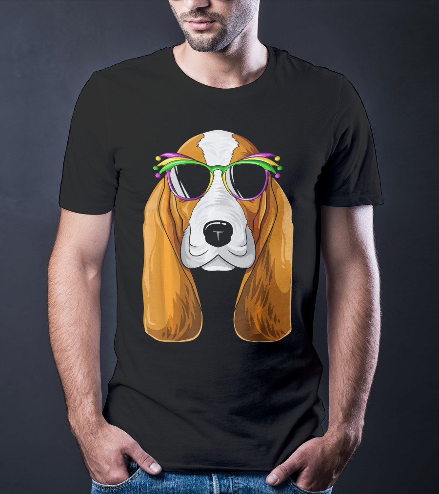 Basset Hound With Mardi Gras Carnival Mask And Sunglasses T-Shirt