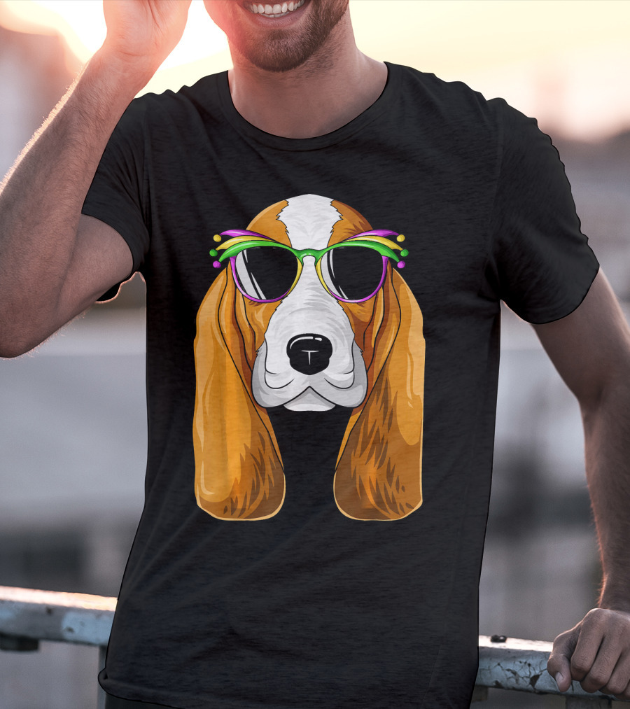 Basset Hound With Mardi Gras Carnival Mask And Sunglasses T-Shirt