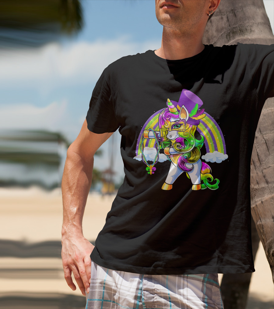 Flossing Unicorn In Top Hat With Rainbow And Mardi Gras Elements T-Shirt