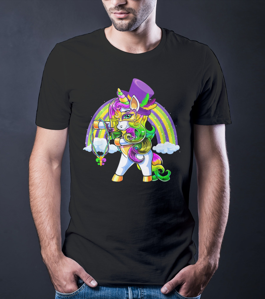 Flossing Unicorn In Top Hat With Rainbow And Mardi Gras Elements T-Shirt