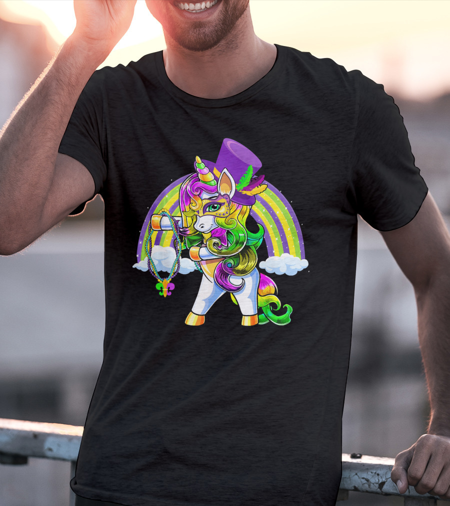 Flossing Unicorn In Top Hat With Rainbow And Mardi Gras Elements T-Shirt